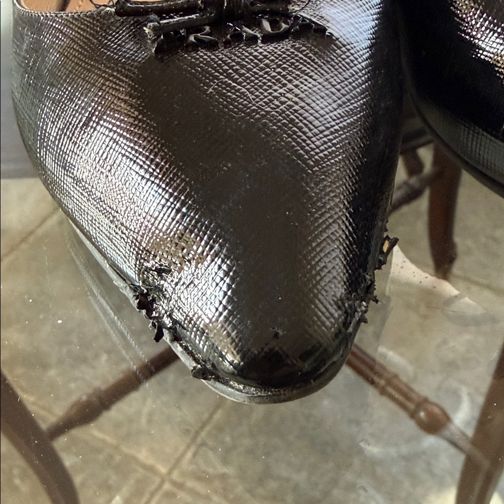 One Good and one Damaged Prada Black Pointed Leather Ballet Flat with Bow Accent - Picture 3 of 5